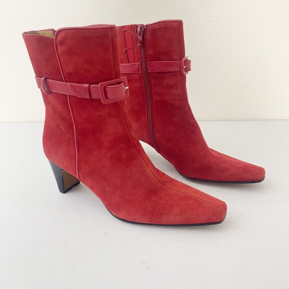 Donald Pliner Lancel Ankle Boots Shoes Heel Red Suede - Picture 1 of 10